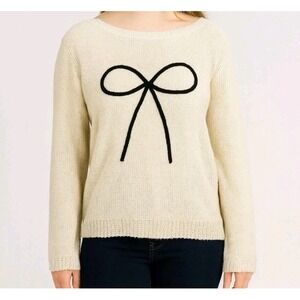 Lauren Conrad Preppy Tinsel Cream Knitted Sweater Bow Detail Size Large‎ Preppy